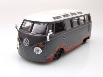 VW T1 Samba Bus grau metallic silber mit Flammen Modellauto 1:25 1:24 Maisto