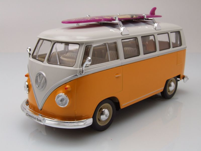 Modellauto VW Classical Bus T1 1962 gelb weiß mit Surfbrett 1:24