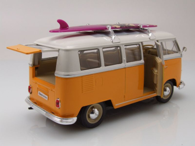 VW Classical Bus T1 1962 gelb weiß mit Surfbrett Modellauto 1:24 Welly