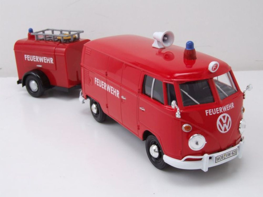 VW T1 Bus Kasten Feuerwehr mit Anhänger rot Modellauto 1:24 Motormax