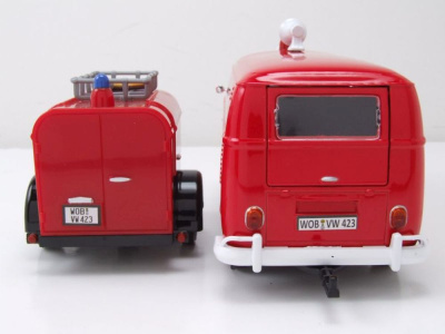VW T1 Bus Kasten Feuerwehr mit Anhänger rot Modellauto 1:24 Motormax