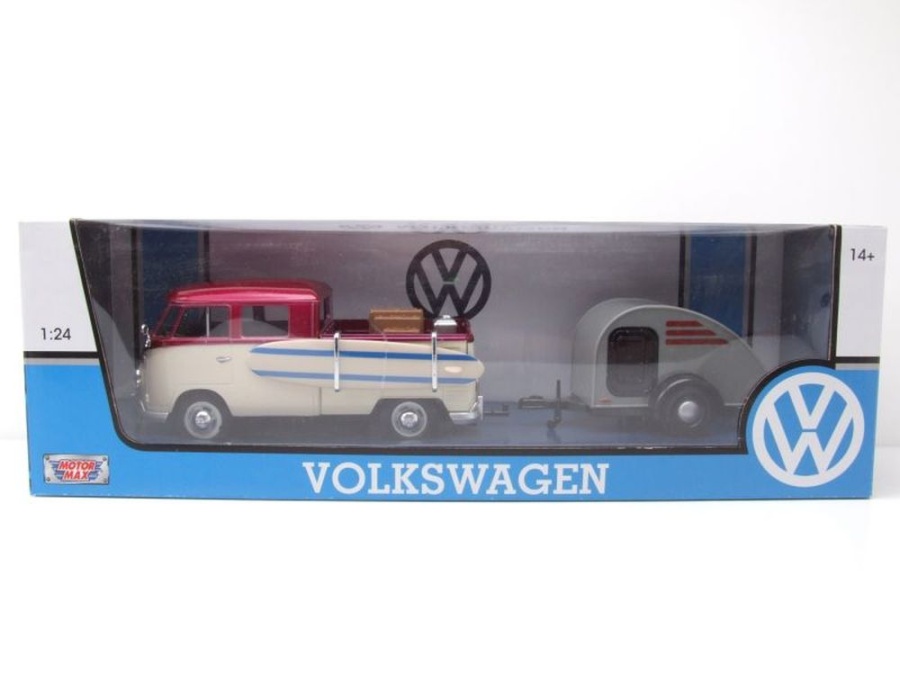 Modellino VW T1 Pianale Autobus Verde/Bianco Con Rimorchio – Motormax 1:24