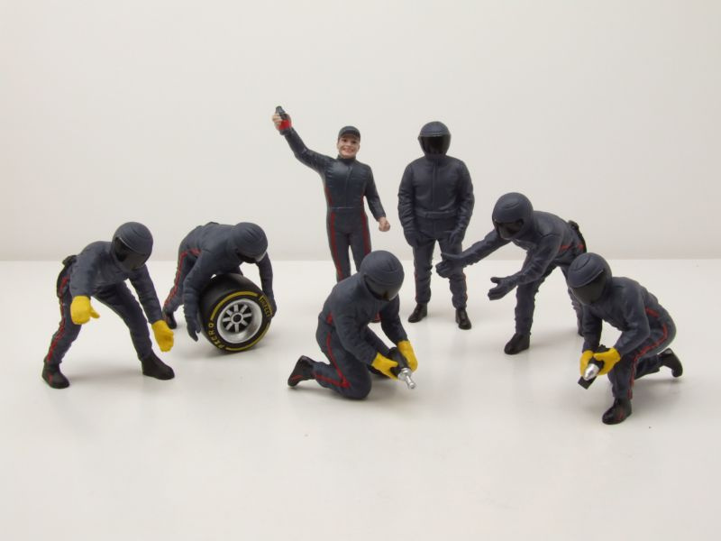 Figuren Set 3 Formel 1 F1 Pit Crew Mechaniker 2020 lila (7 Stück) für 1:18 Modelle American Diorama