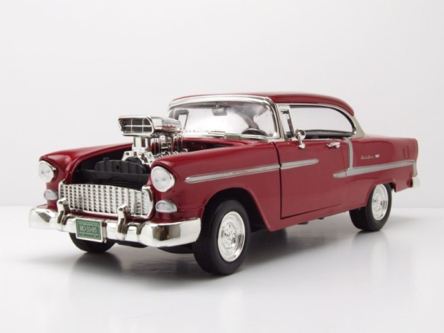 Chevrolet Bel Air Custom Hot Rod 1955 dunkelrot mit Blown Motor Modellauto 1:18 Motormax