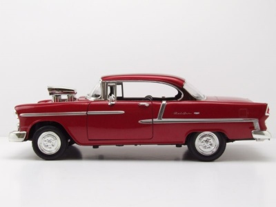 Chevrolet Bel Air Custom Hot Rod 1955 dunkelrot mit Blown Motor Modellauto 1:18 Motormax