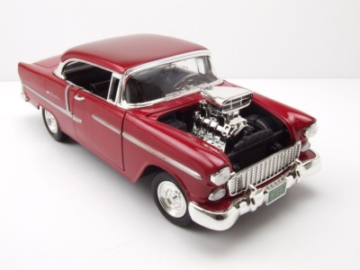 Chevrolet Bel Air Custom Hot Rod 1955 dunkelrot mit Blown Motor Modellauto 1:18 Motormax