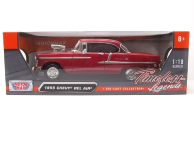 Chevrolet Bel Air Custom Hot Rod 1955 dunkelrot mit Blown Motor Modellauto 1:18 Motormax