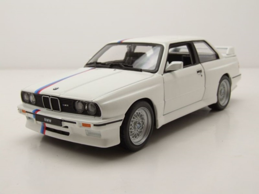 BMW M3 E30 1988 weiß mit Streifen Modellauto 1:24 Bburago