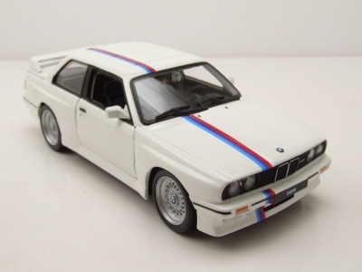 BMW M3 E30 1988 weiß mit Streifen Modellauto 1:24 Bburago