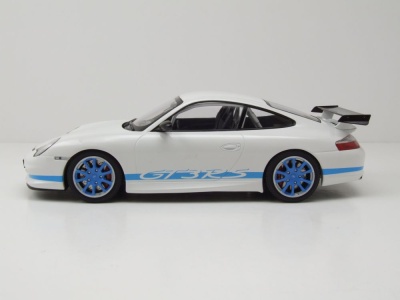 Porsche 911 GT3 RS 2002 weiß mit blauen Streifen Modellauto 1:18 Minichamps