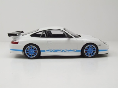 Porsche 911 GT3 RS 2002 weiß mit blauen Streifen Modellauto 1:18 Minichamps