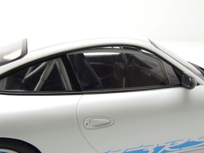 Porsche 911 GT3 RS 2002 weiß mit blauen Streifen Modellauto 1:18 Minichamps