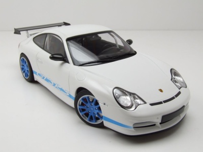 Porsche 911 GT3 RS 2002 weiß mit blauen Streifen Modellauto 1:18 Minichamps