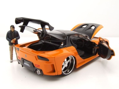 Mazda RX-7 1993 orange schwarz Fast & Furious mit Han Figur Modellauto 1:24 Jada Toys
