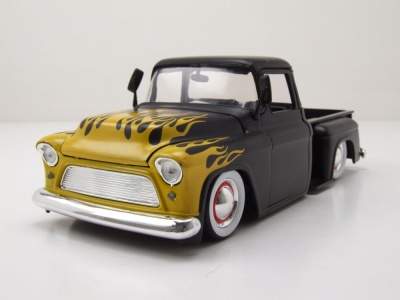 Chevrolet Stepside Pick Up 1955 schwarz gelb mit Flammen Modellauto 1:24 Jada Toys