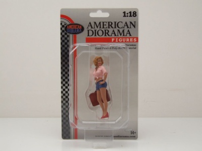 Figur #706 Frau mit Koffer rosa blau für 1:18 Modelle American Diorama