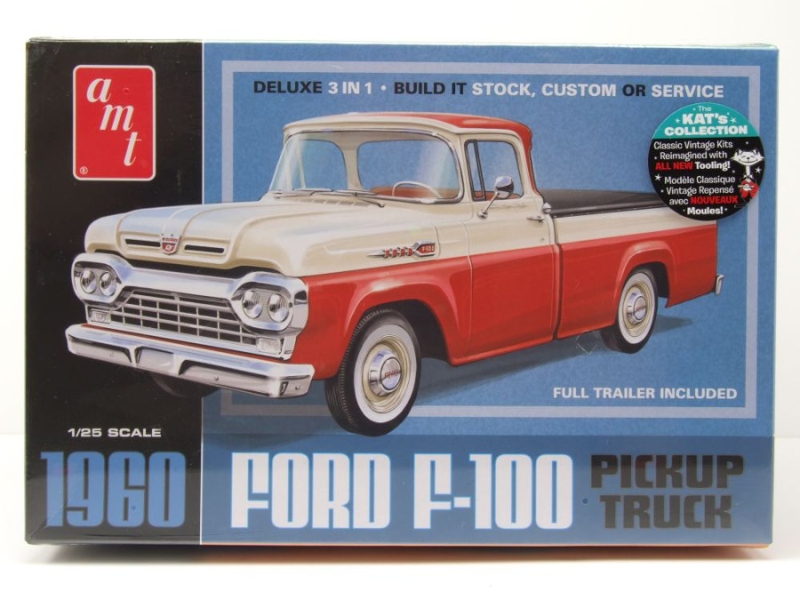 Ford F-100 Pick Up 1960 mit Trailer Anhänger Kunststoffbausatz Modellauto 1:25 AMT