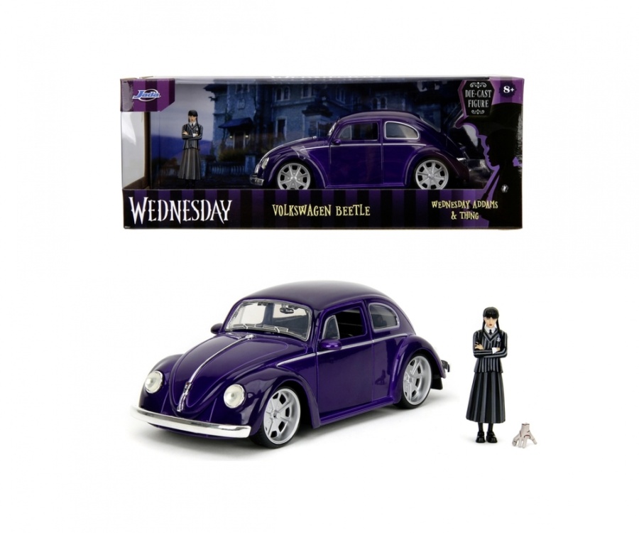Modellauto VW Käfer 1972 lila Wednesday Addams Family mit Figur 1