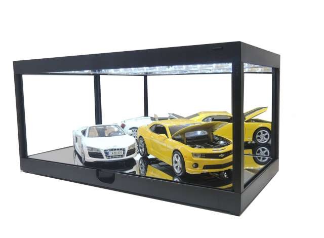 Klarsichtbox Vitrine mit LED-Deckenbeleuchtung und Spiegelrückwand schwarz für Modellautos Triple9