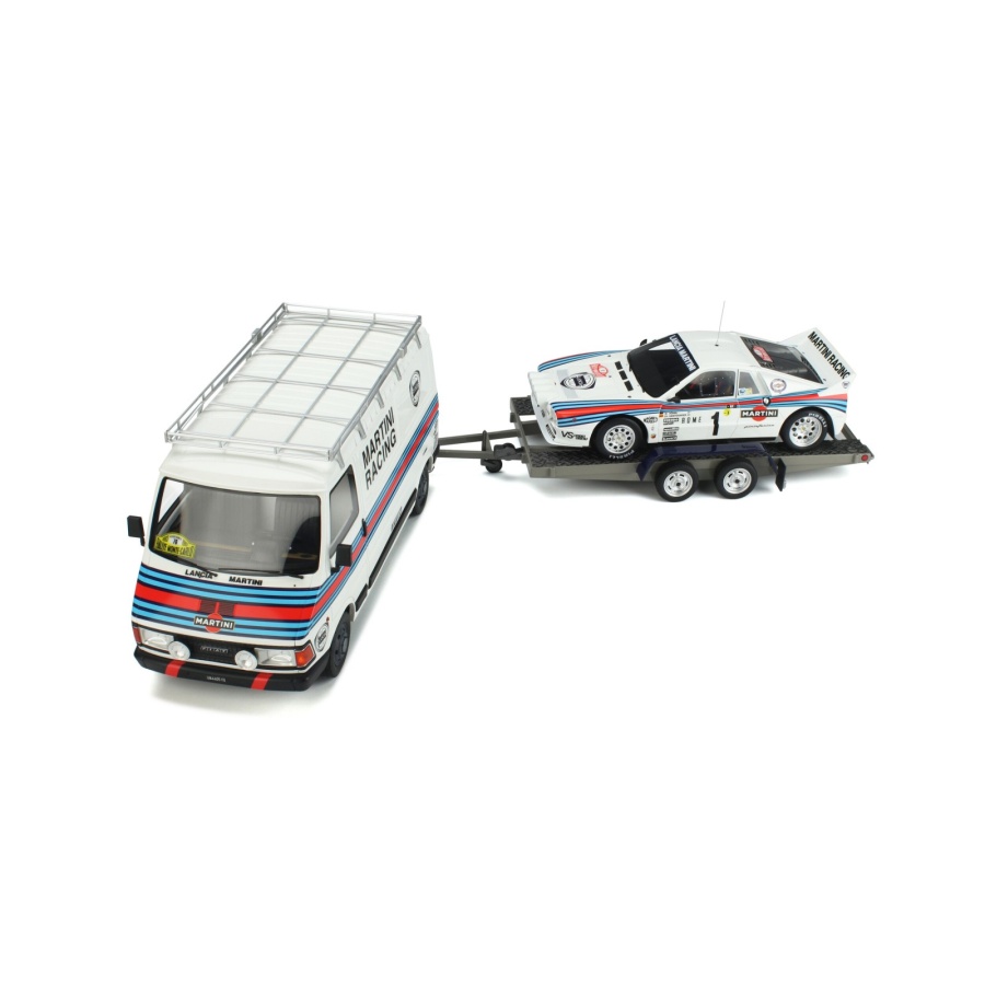 Fiat 242 mit Anhänger + Lancia 037 #1 Rallye Monte Carlo 1983 weiß Röhrl Modellauto 1:18 Ottomobile