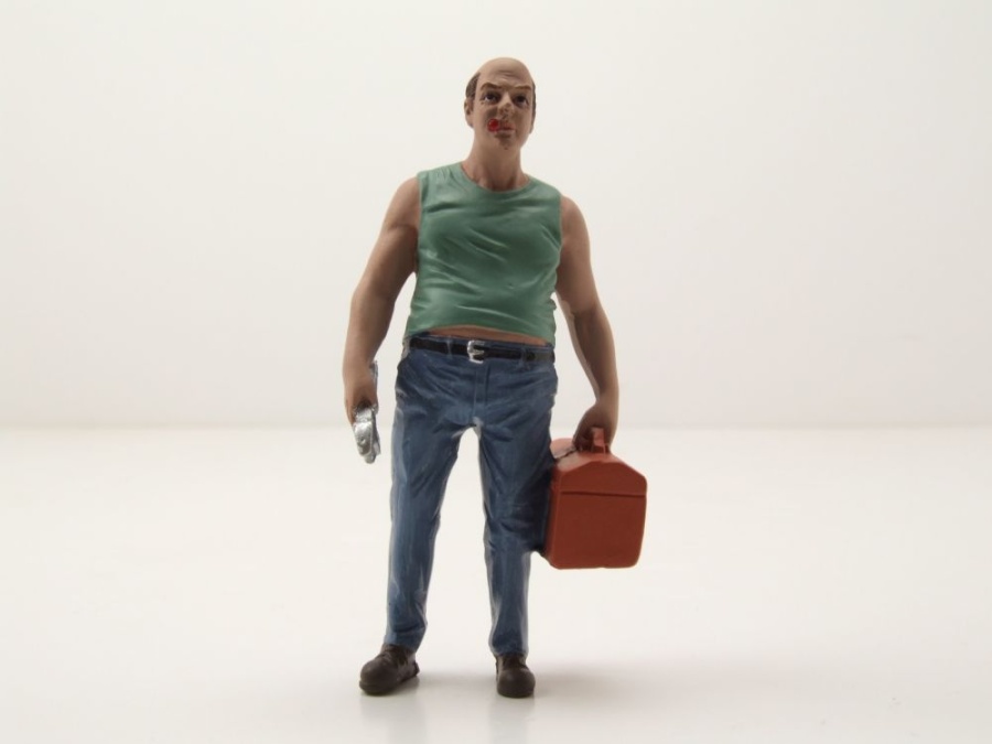 Figur Mechaniker Sam mit Werkzeugkasten für 1:18 Modelle American Diorama