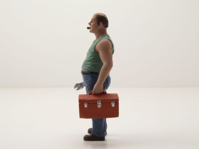 Figur Mechaniker Sam mit Werkzeugkasten für 1:18 Modelle American Diorama