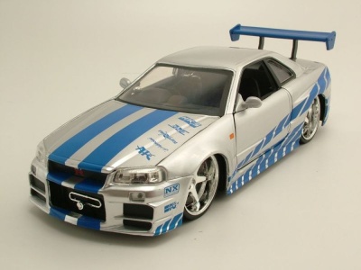Modellauto Nissan Skyline GT-R R34 2002 silber blau Brian Fast