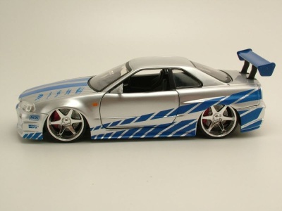 Nissan Skyline GT-R R34 2002 silber blau Brian Fast & Furious Modellauto 1:24 Jada Toys