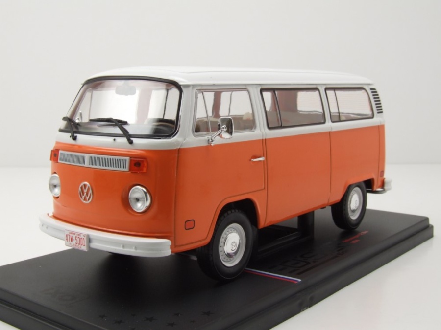 VW T2 Bus 1974 orange weiß Modellauto 1:24 mit Vitrine ixo models