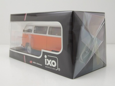 VW T2 Bus 1974 orange weiß Modellauto 1:24 mit Vitrine ixo models
