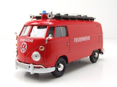 VW T1 Bus Kasten Feuerwehr mit Leiter rot Modellauto 1:24...
