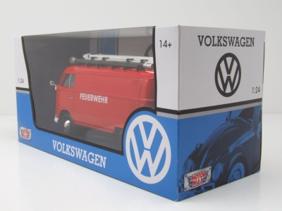 VW T1 Bus Kasten Feuerwehr mit Leiter rot Modellauto 1:24 Motormax