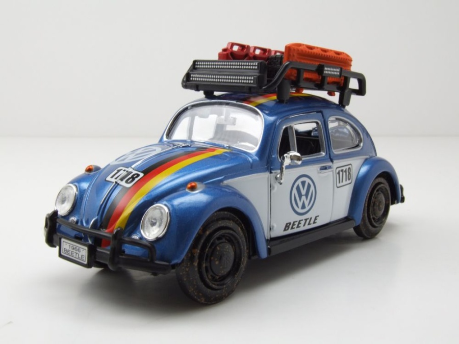 VW Käfer Offroad mit Dachgepäckträger blau Modellauto 1:24 Motormax