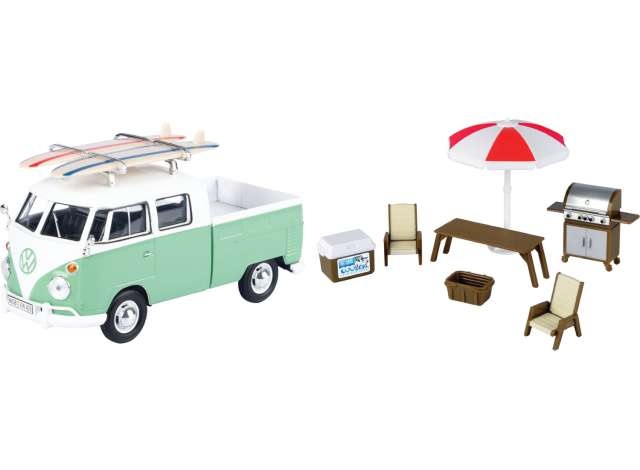 VW T1 Bus DoKa Pritsche grün weiß mit Campingausrüstung Modellauto 1:24 Motormax