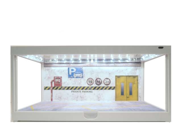 Vitrine mit Werkstatt-Deko und LED-Beleuchtung weiß für 1:24 Modellautos Triple9