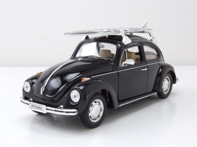 VW Käfer 1969 schwarz mit Surfbrett Modellauto 1:24...
