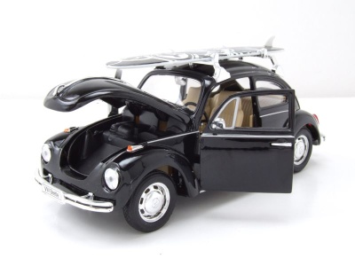 VW Käfer 1969 schwarz mit Surfbrett Modellauto 1:24 Welly