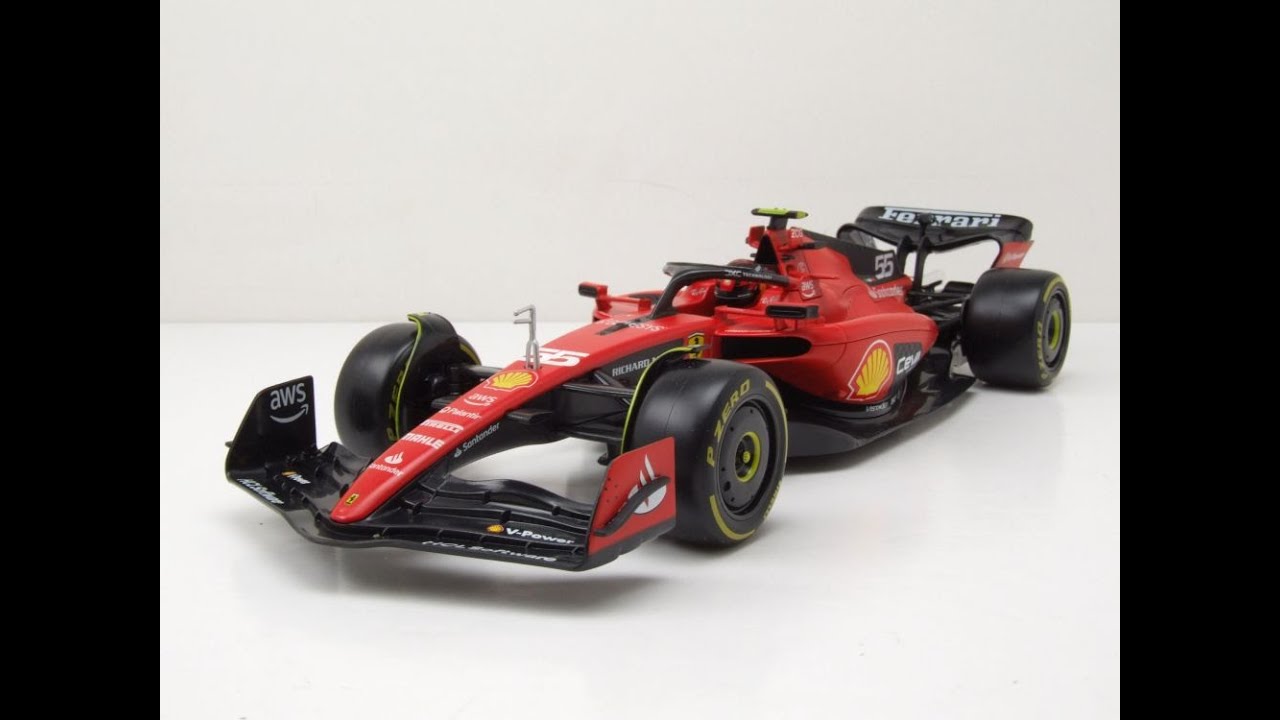 Video: Ferrari SF-23 #55 Formel 1 2023 rot Sainz Modellauto 1:18 Bburago