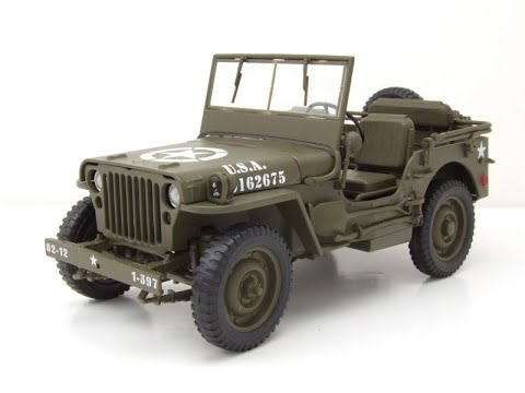 Video: Willys Jeep offen US Army Militär 1941 olivgrün Modellauto 1:18 Welly